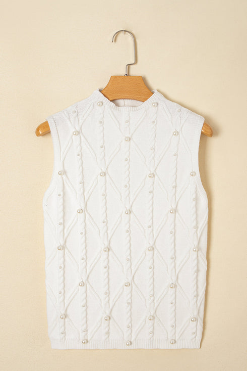 Pearl Embellished Diamond Cable Knit Sleeveless Sweater