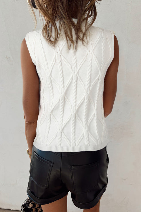 Pearl Embellished Diamond Cable Knit Sleeveless Sweater