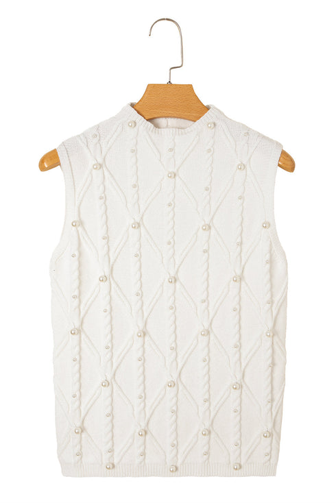 Pearl Embellished Diamond Cable Knit Sleeveless Sweater