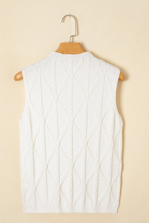 Pearl Embellished Diamond Cable Knit Sleeveless Sweater
