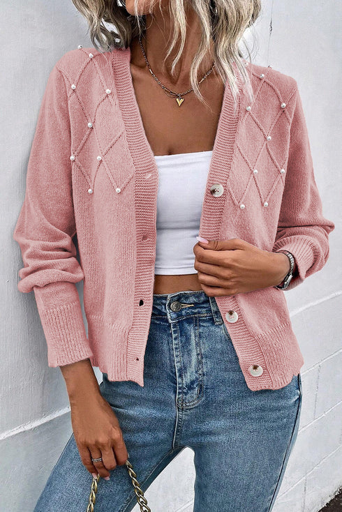 Pearl Embellished Diamond Knit Button Front Cardigan