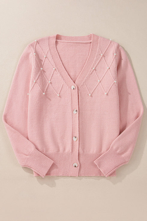Pearl Embellished Diamond Knit Button Front Cardigan