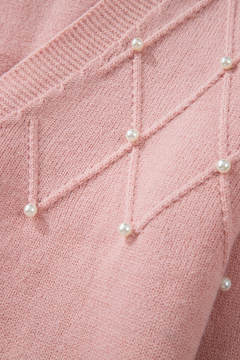 Pearl Embellished Diamond Knit Button Front Cardigan