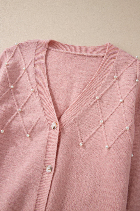 Pearl Embellished Diamond Knit Button Front Cardigan