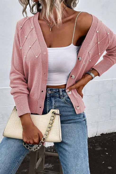 Pearl Embellished Diamond Knit Button Front Cardigan