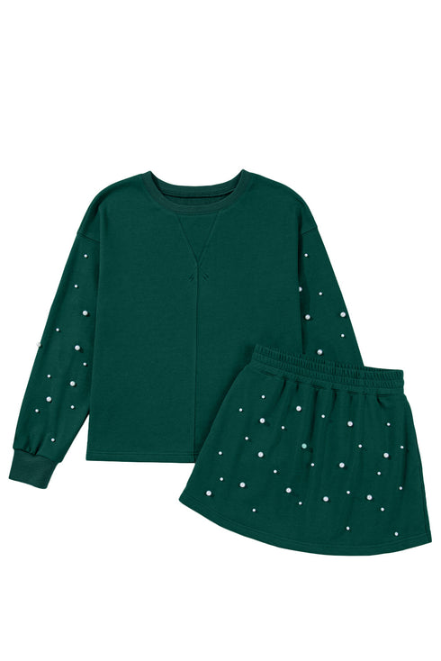 Pearl Embellished Drop Shoulder Pullover Mini Skirt Two Piece Dress