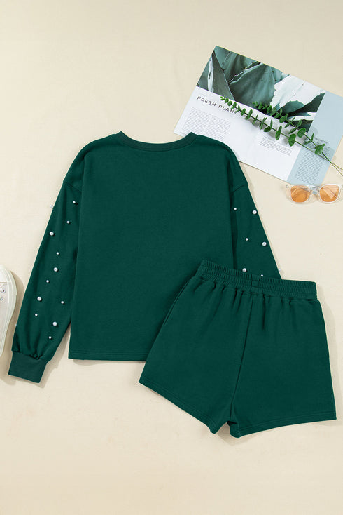 Pearl Embellished Drop Shoulder Pullover Mini Skirt Two Piece Dress