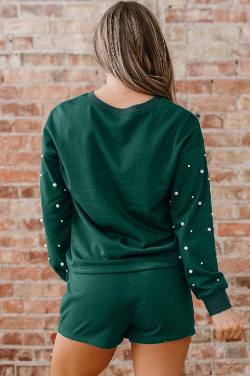 Pearl Embellished Drop Shoulder Pullover Mini Skirt Two Piece Dress