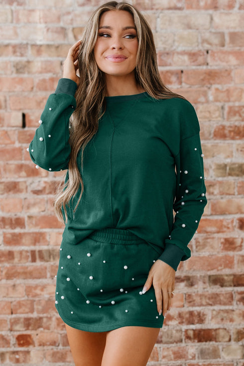 Pearl Embellished Drop Shoulder Pullover Mini Skirt Two Piece Dress