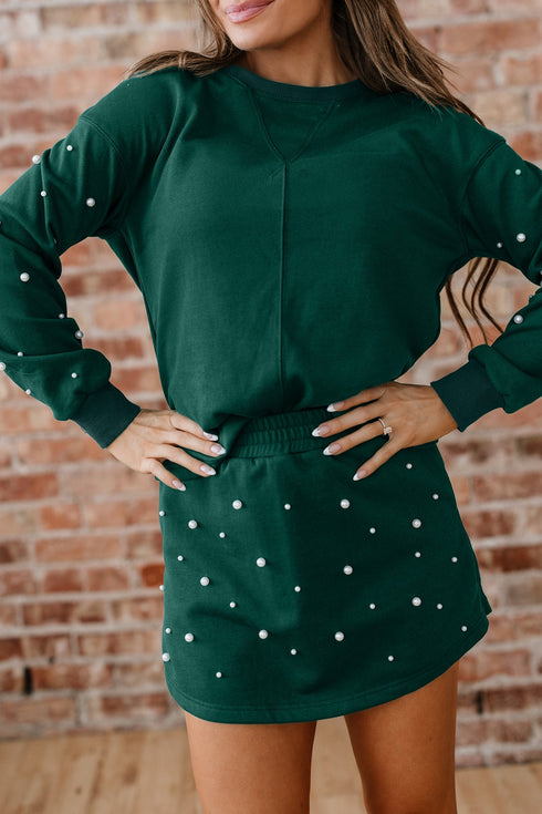 Pearl Embellished Drop Shoulder Pullover Mini Skirt Two Piece Dress