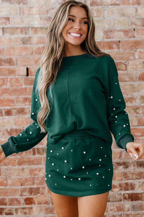 Pearl Embellished Drop Shoulder Pullover Mini Skirt Two Piece Dress