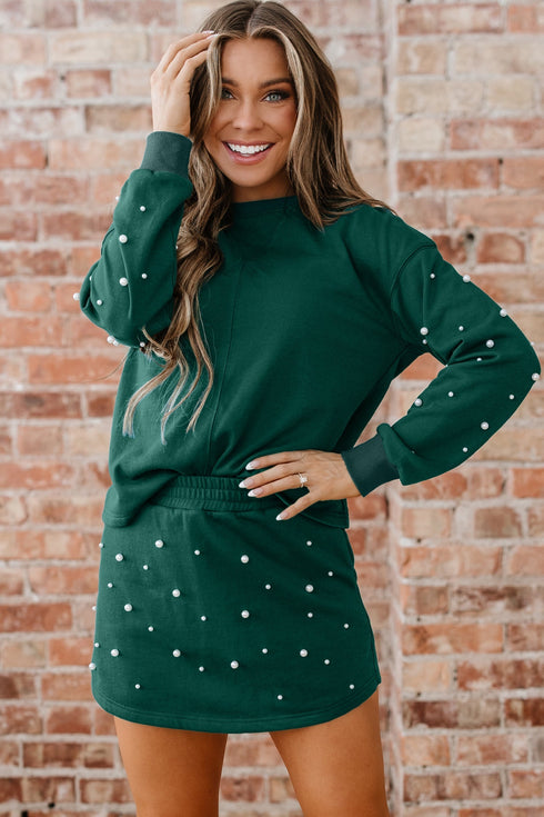 Pearl Embellished Drop Shoulder Pullover Mini Skirt Two Piece Dress