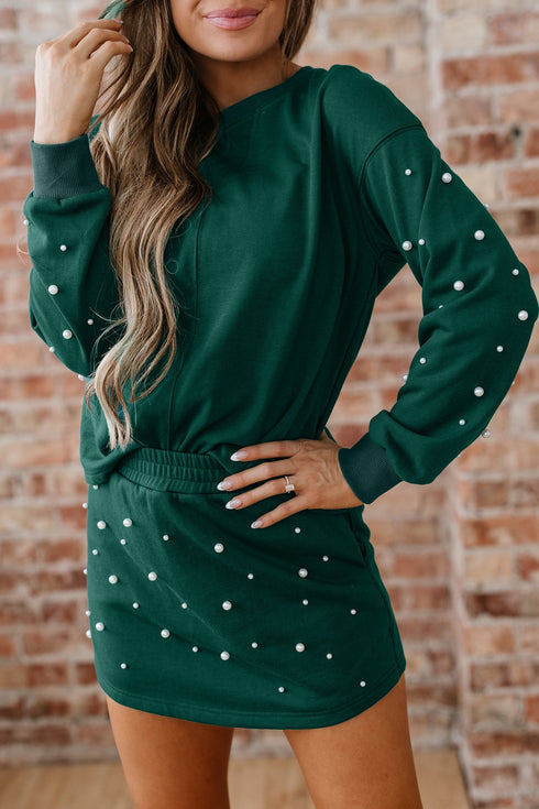 Pearl Embellished Drop Shoulder Pullover Mini Skirt Two Piece Dress