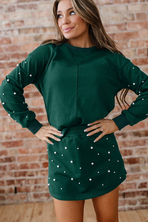 Pearl Embellished Drop Shoulder Pullover Mini Skirt Two Piece Dress