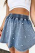 Pearl Embellished Elastic Waist Mini Denim Shorts