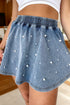Pearl Embellished Elastic Waist Mini Denim Shorts
