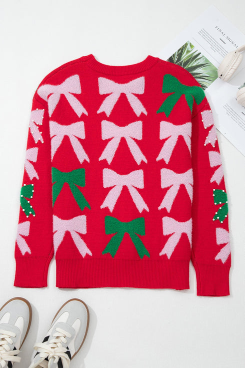 Pearl Embellished Fuzzy Bow Crew Neck Sweater
