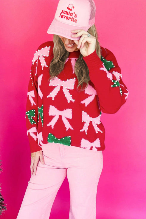 Pearl Embellished Fuzzy Bow Crew Neck Sweater