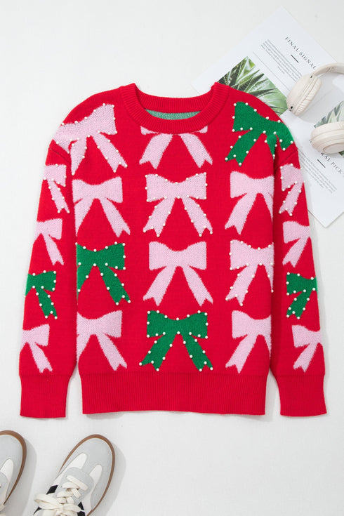 Pearl Embellished Fuzzy Bow Crew Neck Sweater