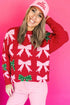Pearl Embellished Fuzzy Bow Crew Neck Sweater