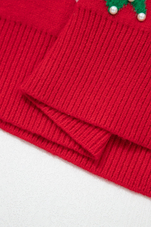 Pearl Embellished Fuzzy Bow Crew Neck Sweater