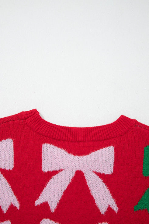 Pearl Embellished Fuzzy Bow Crew Neck Sweater