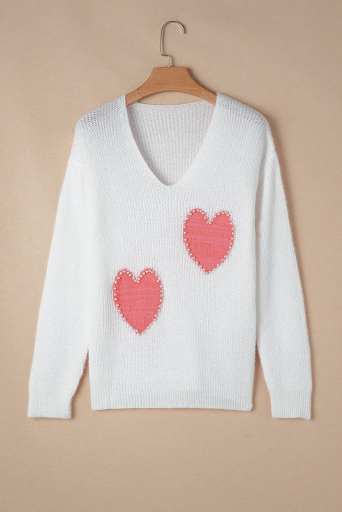 Pearl Embellished Heart Motif Fuzzy Knit Sweater