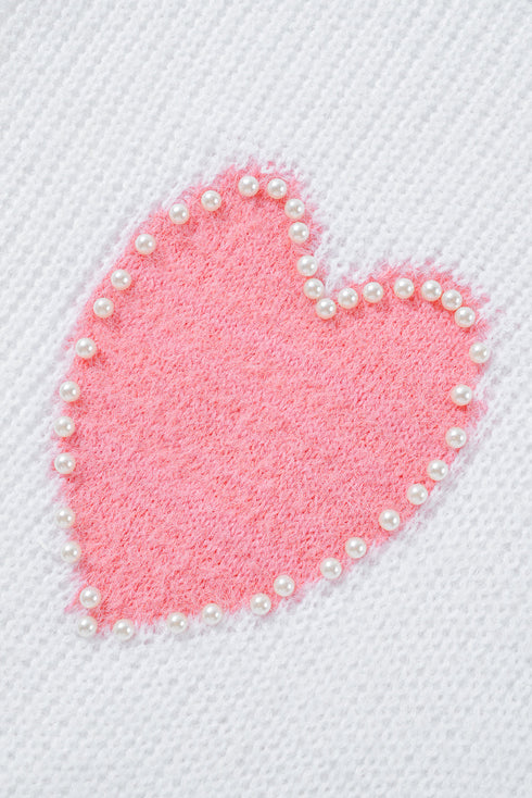 Pearl Embellished Heart Motif Fuzzy Knit Sweater