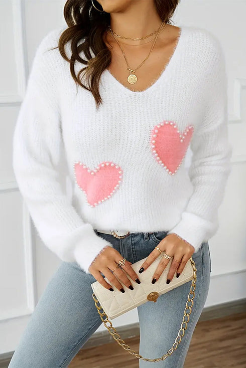 Pearl Embellished Heart Motif Fuzzy Knit Sweater