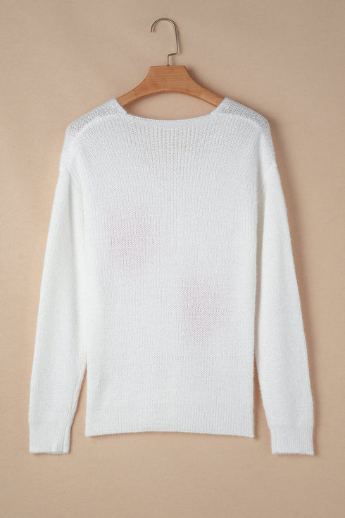 Pearl Embellished Heart Motif Fuzzy Knit Sweater