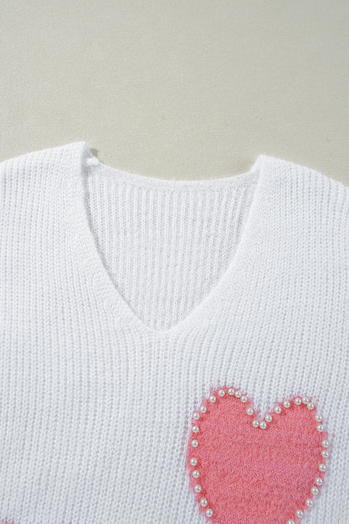 Pearl Embellished Heart Motif Fuzzy Knit Sweater