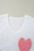 Pearl Embellished Heart Motif Fuzzy Knit Sweater