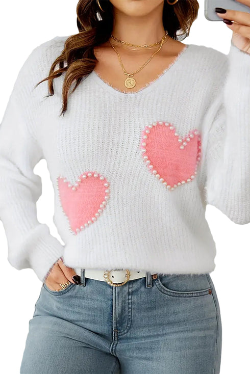 Pearl Embellished Heart Motif Fuzzy Knit Sweater