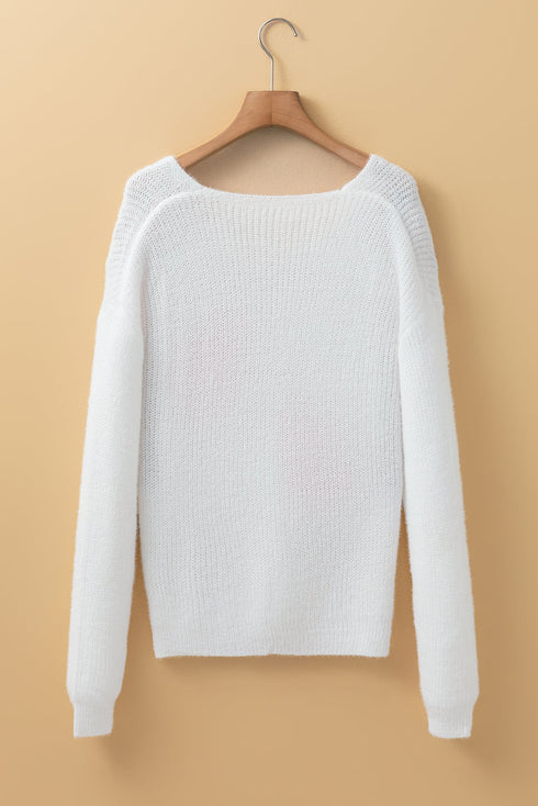 Pearl Embellished Heart Motif Fuzzy Knit Sweater