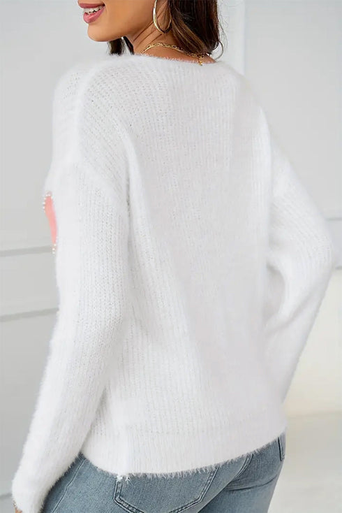 Pearl Embellished Heart Motif Fuzzy Knit Sweater
