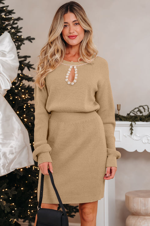 Pearl Embellished Keyhole Blouson Knit Sweater Dress
