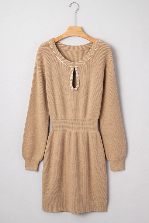Pearl Embellished Keyhole Blouson Knit Sweater Dress
