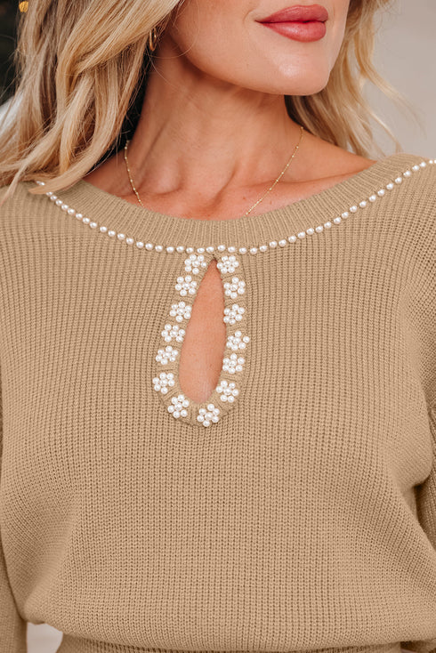 Pearl Embellished Keyhole Blouson Knit Sweater Dress