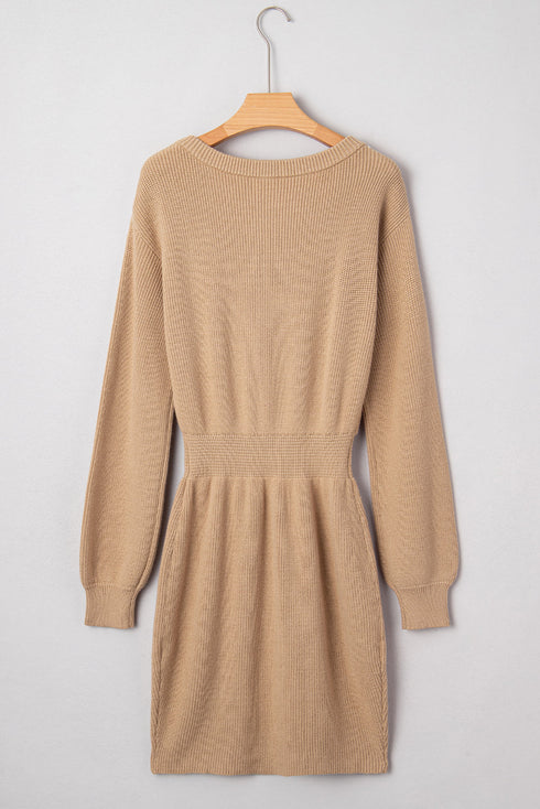 Pearl Embellished Keyhole Blouson Knit Sweater Dress