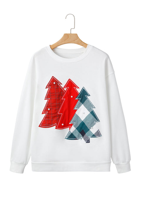 Pearl Embellished Mixed Plaid Tree Graphic Pullover Sweatshirt