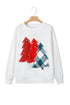 Pearl Embellished Mixed Plaid Tree Graphic Pullover Sweatshirt