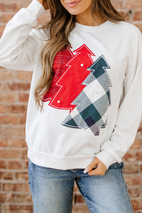 Pearl Embellished Mixed Plaid Tree Graphic Pullover Sweatshirt