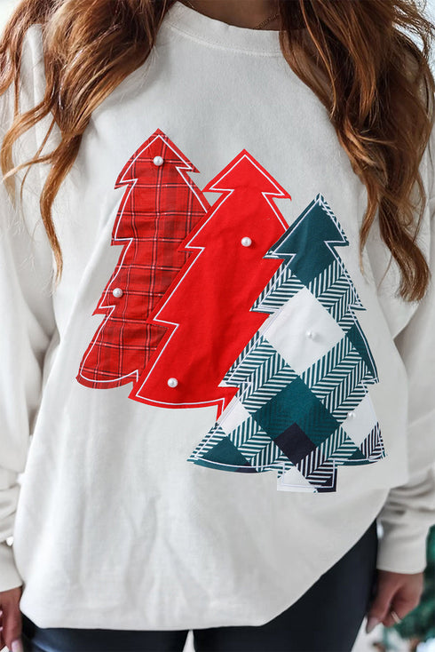 Pearl Embellished Mixed Plaid Tree Graphic Pullover Sweatshirt