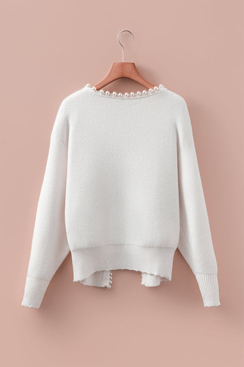 Pearl Embellished Open Front Long Sleeve Knit Cardigan