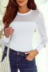 Pearl Embellished Ribbed Knit Mesh Patchwork Long Sleeve Top