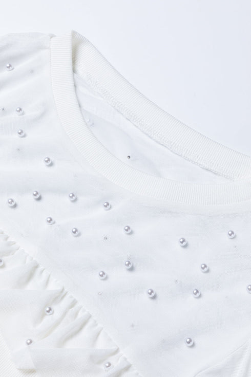 Pearl Embellished Ribbed Knit Mesh Patchwork Long Sleeve Top