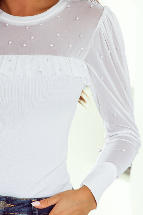 Pearl Embellished Ribbed Knit Mesh Patchwork Long Sleeve Top