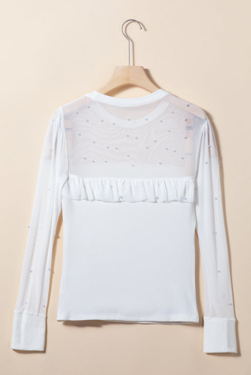Pearl Embellished Ribbed Knit Mesh Patchwork Long Sleeve Top