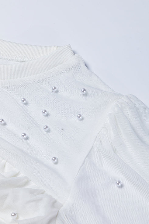 Pearl Embellished Ribbed Knit Mesh Patchwork Long Sleeve Top