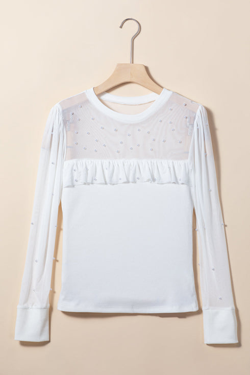 Pearl Embellished Ribbed Knit Mesh Patchwork Long Sleeve Top
